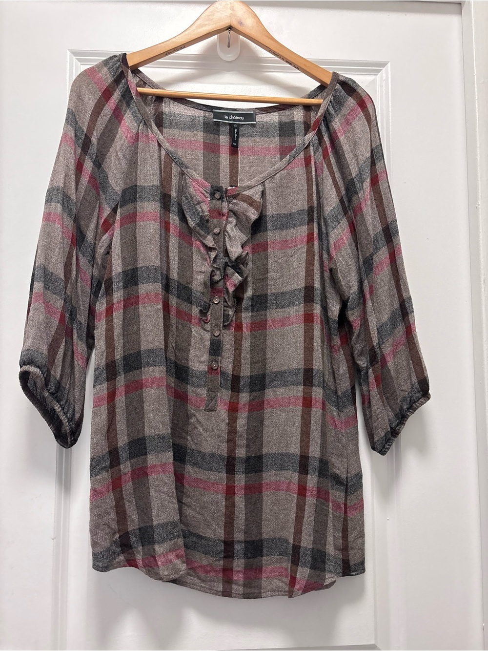 le chateau Plaid Ruffle Henley Tunic in Brown, Gray & Pink